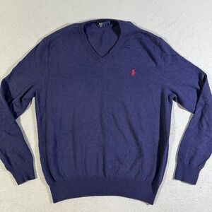 Polo Ralph Lauren Mens V-Neck Sweater XL Merino Wool Navy Blue‎ Red Pony Logo
